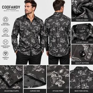 Coofandy Mens XL Black Floral Paisley Disco Party Long Sleeve Dress Shirt Top